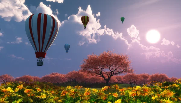 Landscaoe and hot air balloons — Stock Photo, Image