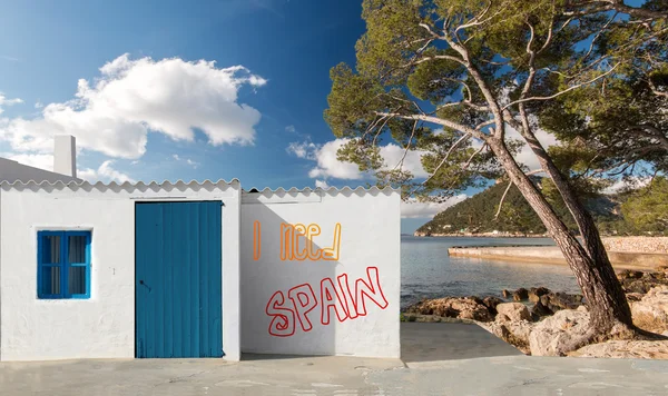Фасади Будинків Білою Стіною Пофарбовані Дерев Яні Двері Слова Іспанії — стокове фото