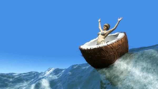 Mujer navegando en medio de coco flotante — Foto de Stock
