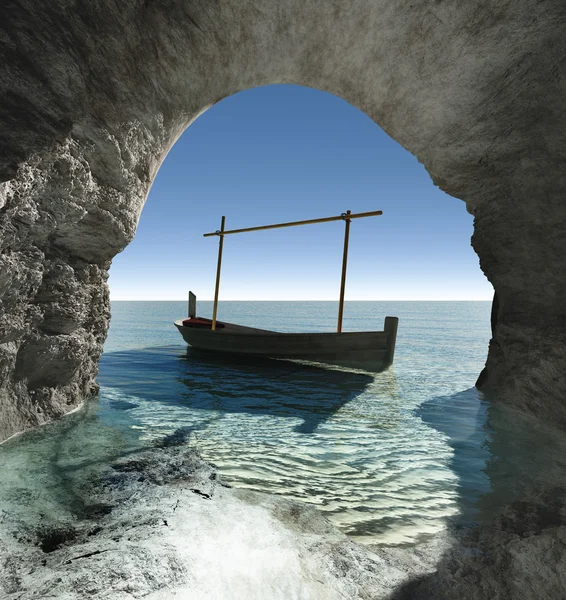 Deniz Kenarındaki Mağaranın Manzarası Majorcan Tipik Teknesi — Stok fotoğraf