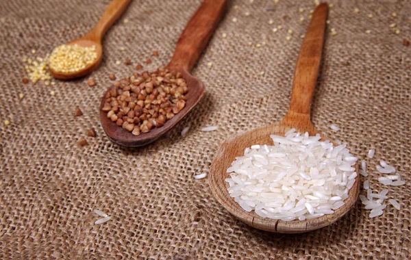 Рис и гречка на столе — стоковое фото