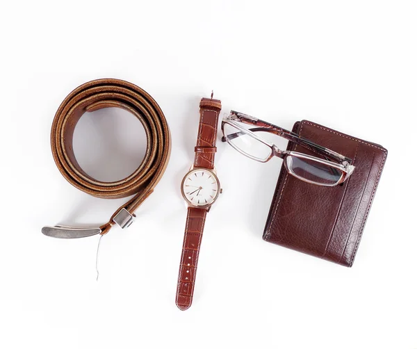 Objetos masculinos. reloj, cinturón y la cartera —  Fotos de Stock