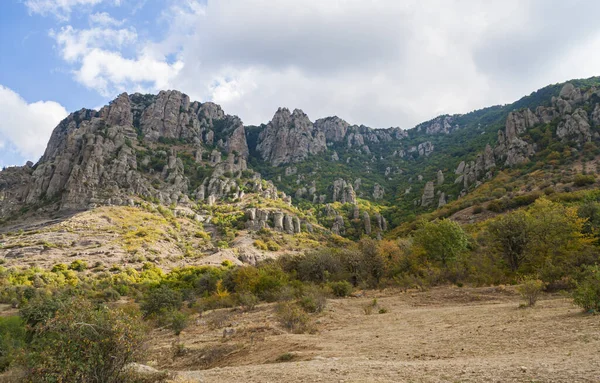 Selvaggia Strada Estiva Montagne Con Foresta Cielo Blu — Foto Stock