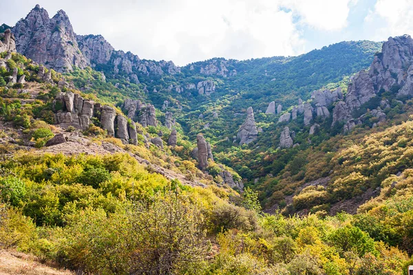 Vista su una valle verde con sfondo montano — Foto Stock