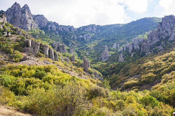 Dağlık arka planda yeşil bir vadiye bak.