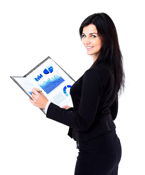 Smiling business woman holding document on clipboard — Stock Photo, Image