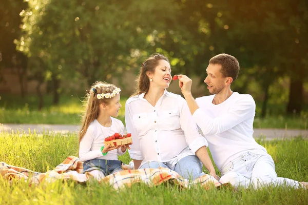 Glücklicher Vater einer Tochter und schwangere Mutter bei einem Picknick — Stockfoto