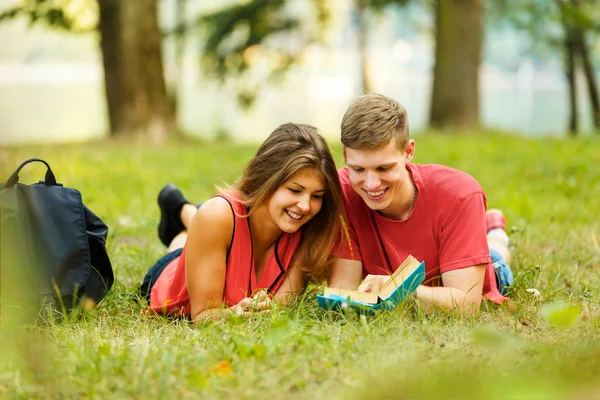 Coppia studenti di successo con un libro di testo in un parco in una giornata di sole — Foto Stock