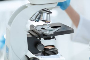 Kapat. Bilim adamı laboratuvarda mikroskobu inceliyor..