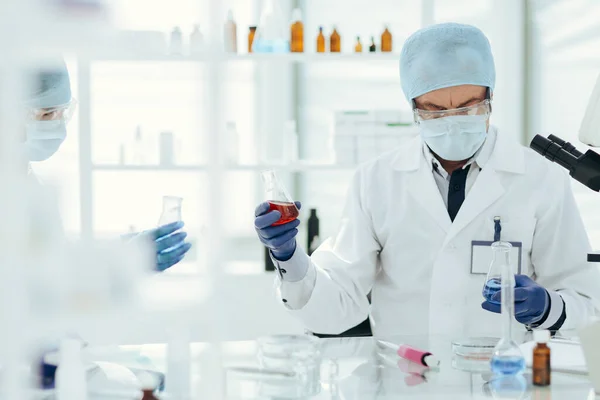 Colegas cientistas verificando o líquido em frascos de laboratório. — Fotografia de Stock