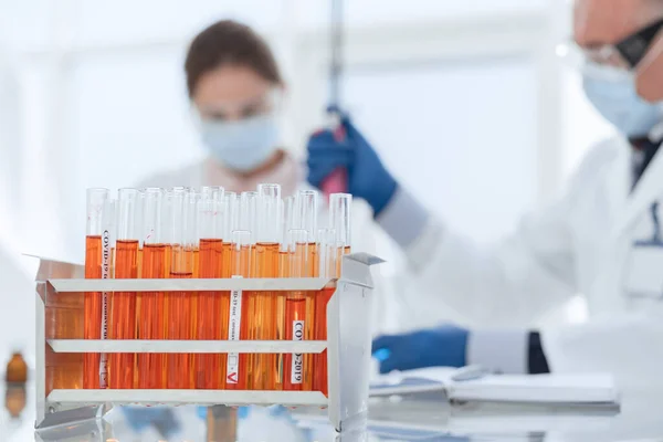 Cavalletto con provette sul tavolo in laboratorio. — Foto Stock