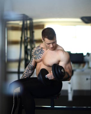 Vücut geliştirici spor salonunda dambıllarla egzersiz yapıyor..