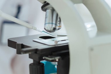 Kapat. Bilim adamı araştırma için otomatik pipeti kullanıyor .