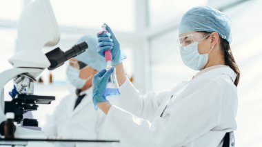 Kapat. Laboratuvar teknisyeni bir laboratuvar şişesinde sıvı test ediyor. .