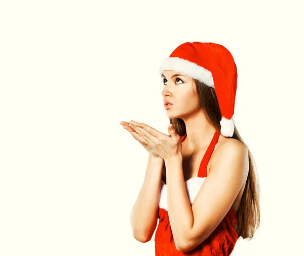 Pretty young woman dressed as Santa Claus. — Stock Photo, Image