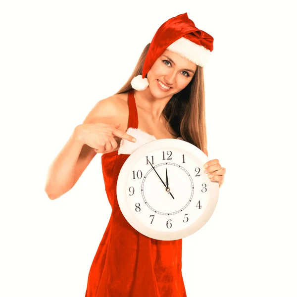 Primo piano.bella giovane donna in costume di Natale con il grande clock.isolated su bianco — Foto Stock