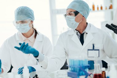 Bilim adamları modern bir laboratuvarda araştırmanın sonuçlarını tartışıyor..