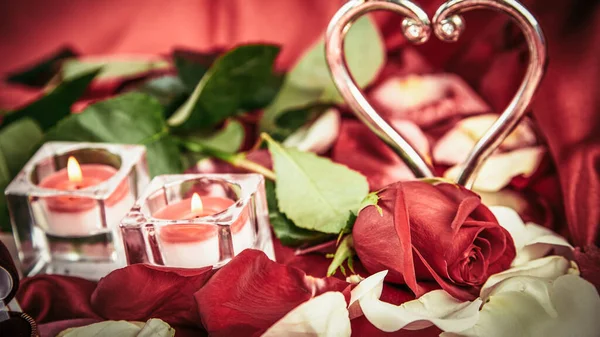Dwie świece i czerwona róża na tle płatków róż — Zdjęcie stockowe