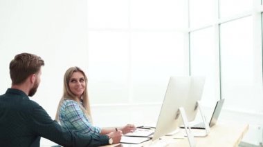 Manager greets employees at the workplace . business concept.