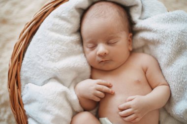 Komik yeni doğmuş bebek bebek sepetinde uyuyor..