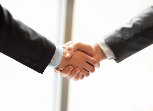 Closeup of a business hand shake between two colleagues