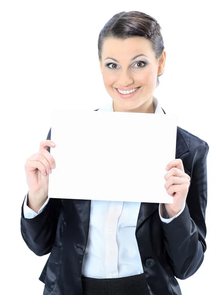 Uma mulher de negócios simpática com uma bandeira branca. Isolado sobre um fundo branco . — Fotografia de Stock