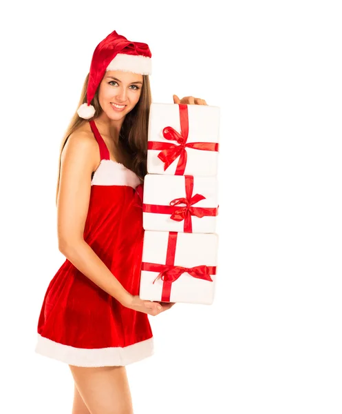 Christmas santa hat isolerad kvinna stående hålla julklapp. — Stockfoto