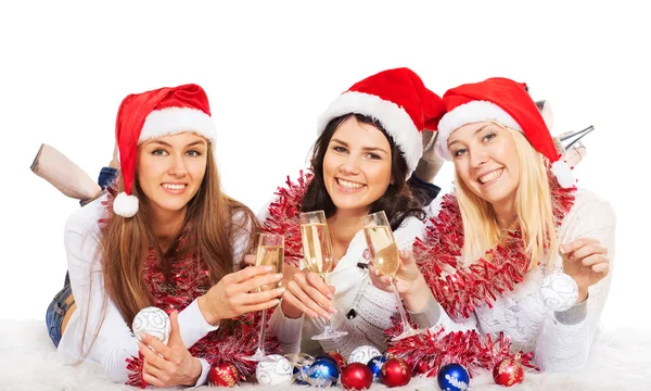 Три красиві дівчата на новорічну ніч шампанське — стокове фото