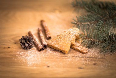 Tarçın Noel kurabiyeleri ve baharat ahşap arka plan üzerinde