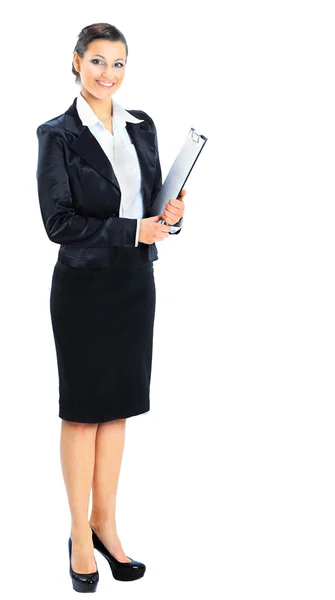 Beautiful businesswoman holds a work plan. Isolated on a white background. — Stock Photo, Image