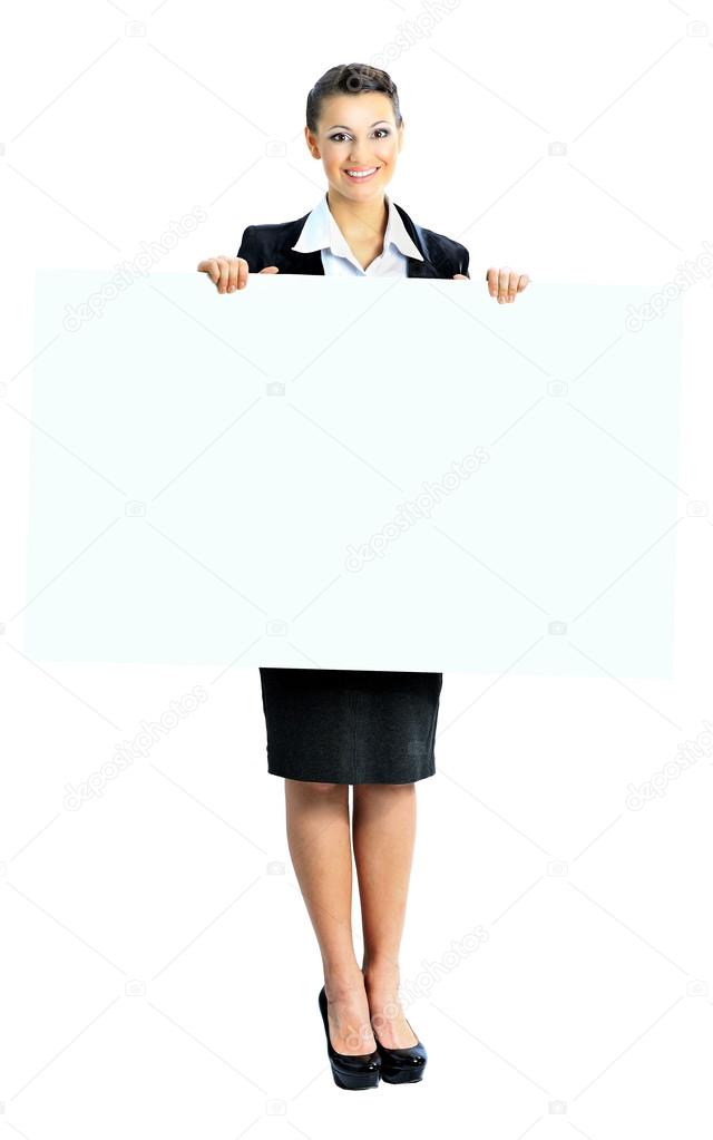 Beautiful business woman with a white banner. Isolated on a white background.