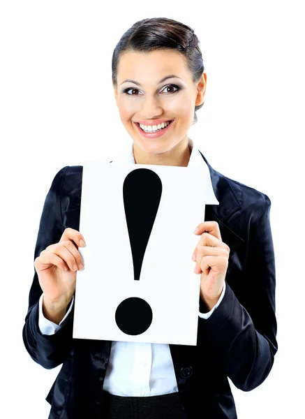 Beautiful businesswoman with a sign exclamation mark. Isolated on a white background. — Stock Photo, Image