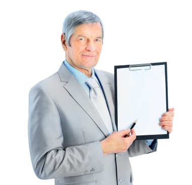 yaşında, güzel iş adamı iş planı gösterir. Beyaz bir arka plan üzerinde izole.