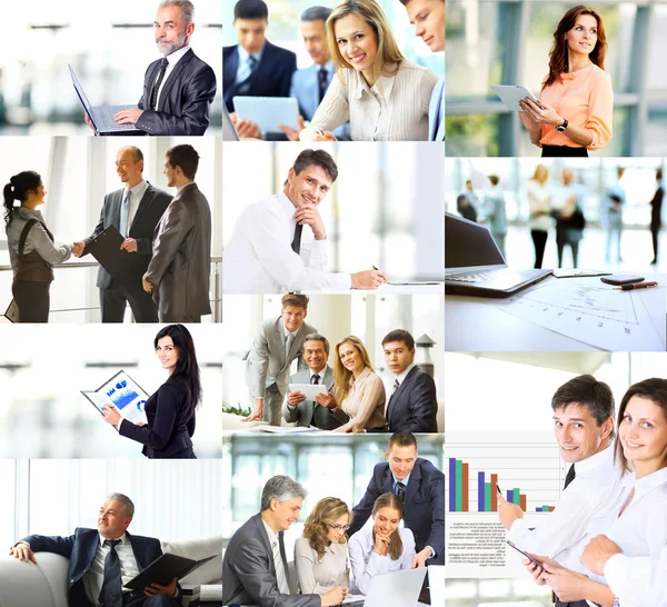 Uomini d'affari in varie situazioni legate a corsi di formazione, presentazioni, negoziati e lavoro di squadra — Foto Stock