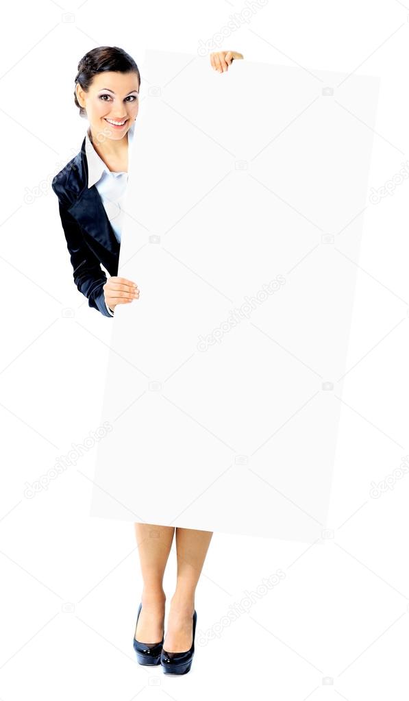 Beautiful business woman with a white banner. Isolated on a white background.