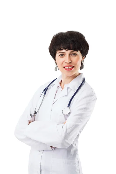 Woman doctor isolated on a white background, in meditation over — Stock Photo, Image