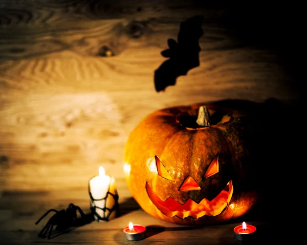 Linterna de gato de cabeza de calabaza de Halloween sobre fondo de madera —  Fotos de Stock