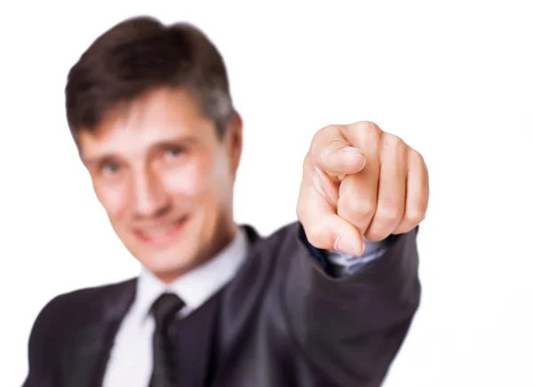 Businessman hand pressing an imaginary button on virtual screen — Stock Photo, Image