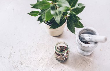 Baharat karışımı ve defne yaprağı, seçici odak biber.