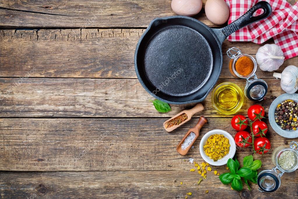 Ingredients for cooking and cast iron skillet — Stock Photo © Vell