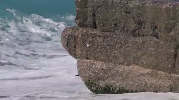 Пляж з галькою на блакитному морі з цементним пірсом — стокове відео