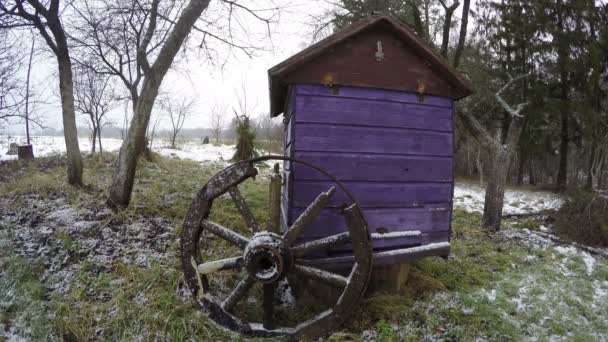 Wooden wheel by beehive, time lapse 4K — Stock Video