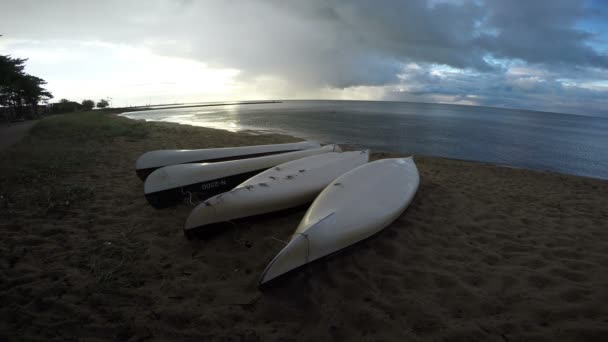 Kayaks volcados en Curonian Lagoon, 4K — Vídeo de stock