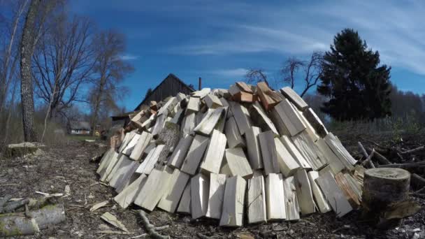 Sonne scheint auf großen Haufen geschnittenen Brennholzes, Zeitraffer 4k — Stockvideo