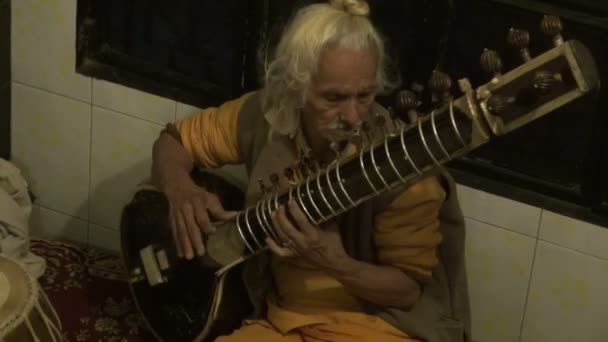 Viejo músico con pelo gris tocando sitar guitarra india en Alemania restaurante de panadería, Varanasi — Vídeos de Stock