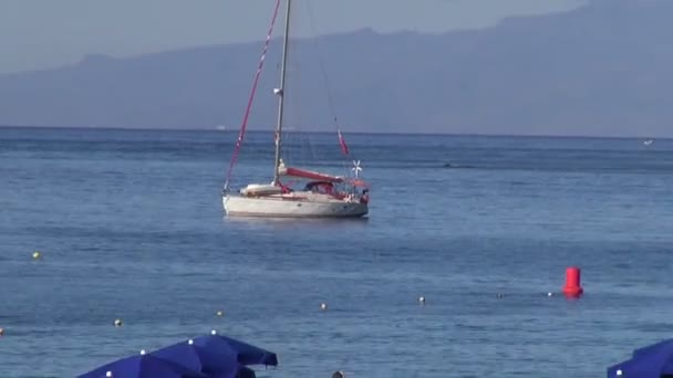 Пляж за океан з синіми та білими стільцями та парасольки — стокове відео