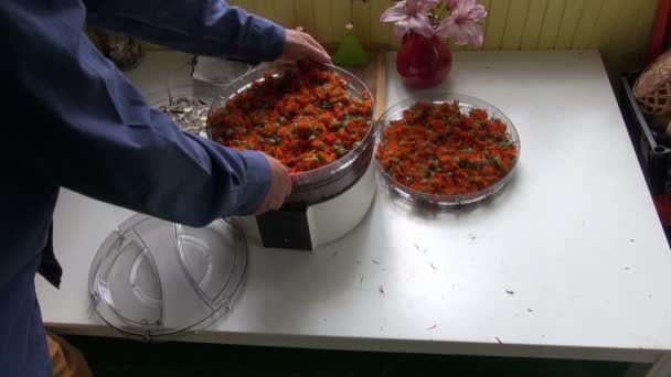 Herbalist drying calendula in electrical herb dryer — Stock Video