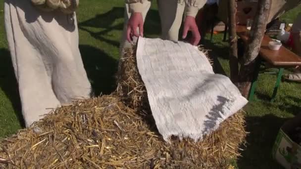 Menschen in mittelalterlicher Kleidung, die mit Wolle arbeiten — Stockvideo