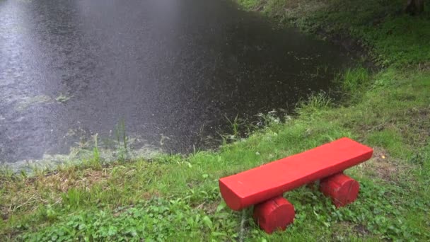 Lluvia cayendo sobre banco rojo y estanque — Vídeo de stock