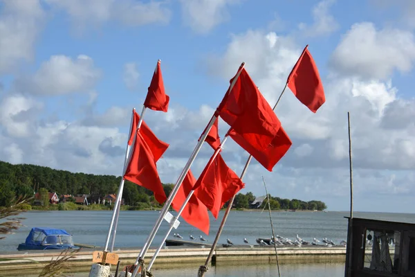 Red Fishing Flags Group Sea Pier — Stock Photo, Image